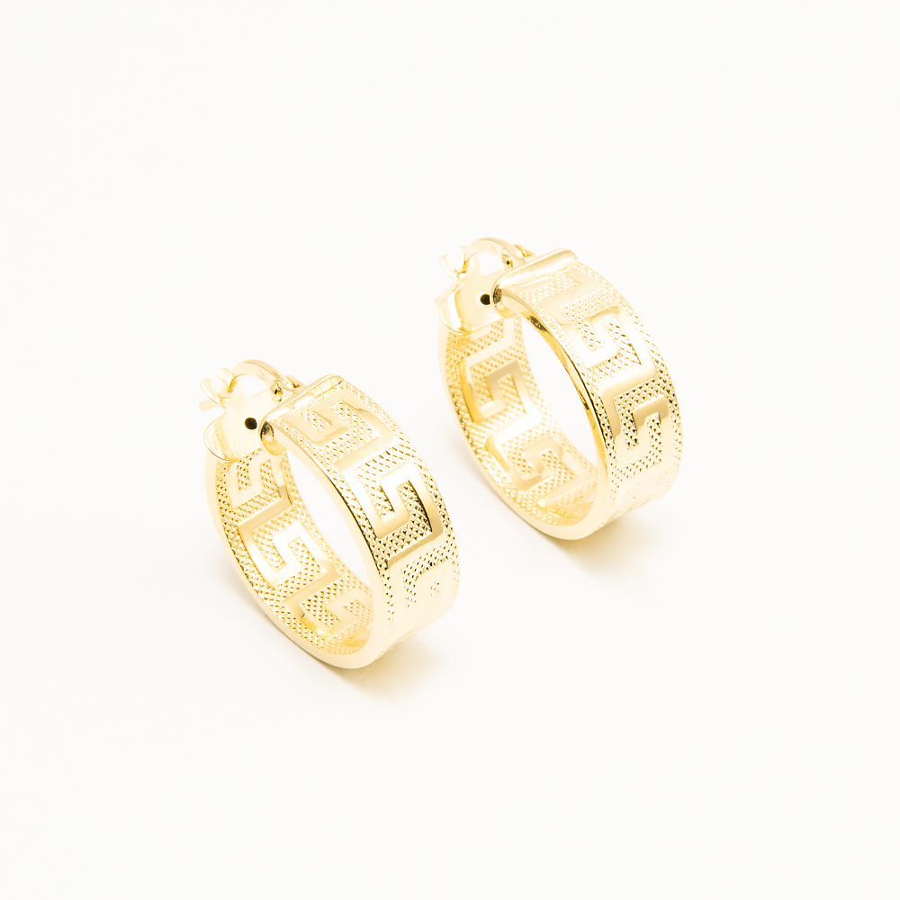 Orecchini Oro 18K 750 MLS. Chaton Con Greca 7 MM. Zirconie