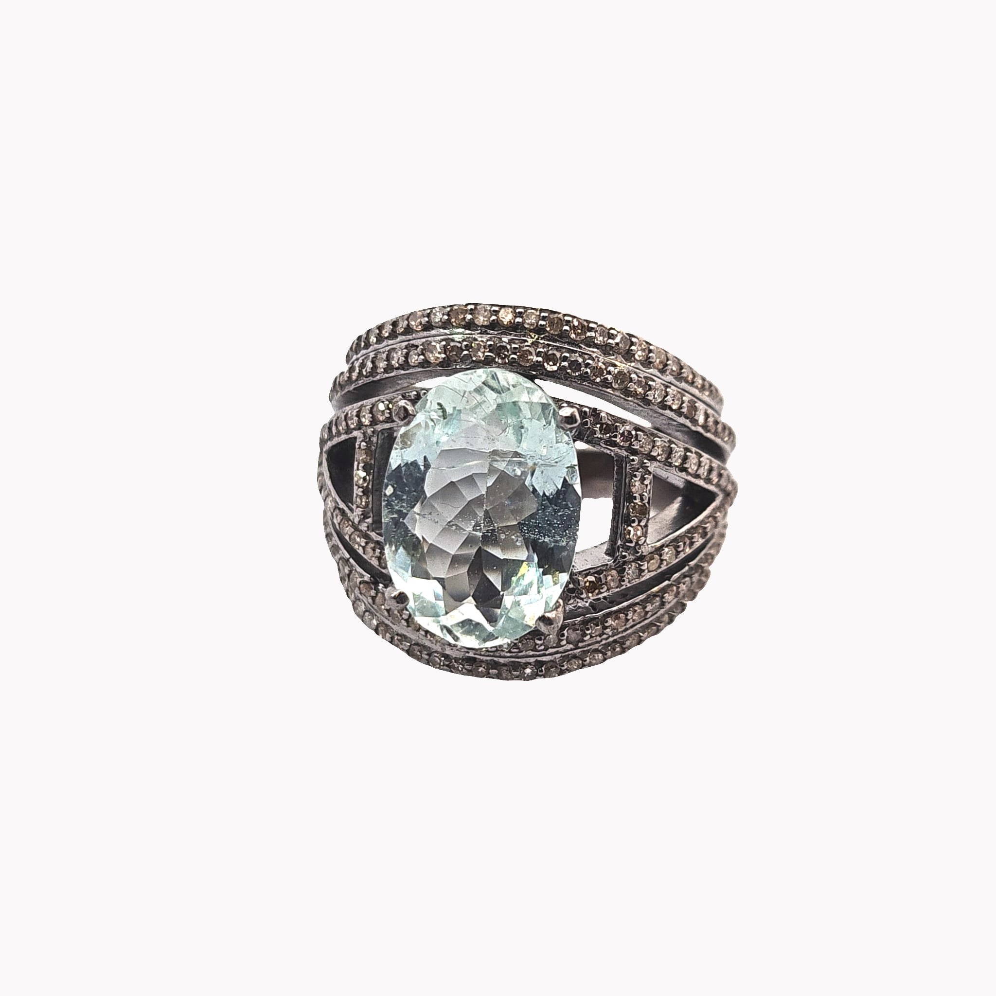 Anello Stile Antico Acquamarina e Diamanti in Argento