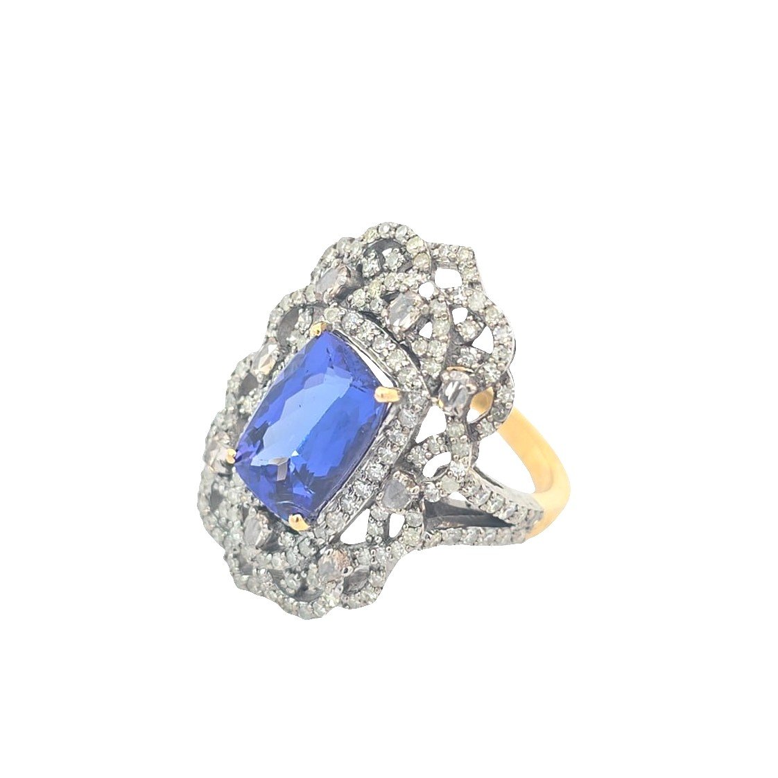 Anello Stile Antico Tanzanite, Diamanti in Argento e Oro